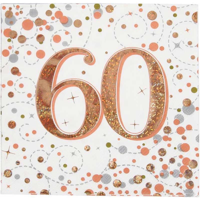 16PK 60TH BIRTHDAY SPARKLING FIZZ ROSE GOLD NAPKINS
