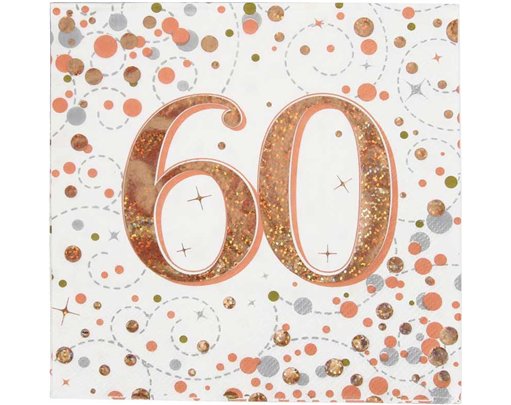 16PK 60TH BIRTHDAY SPARKLING FIZZ ROSE GOLD NAPKINS