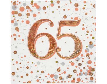 16PK 65TH BIRTHDAY SPARKLING FIZZ ROSE GOLD NAPKINS