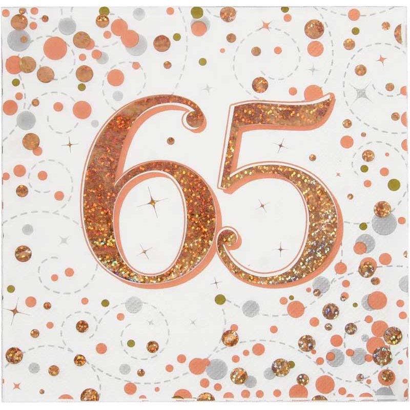16PK 65TH BIRTHDAY SPARKLING FIZZ ROSE GOLD NAPKINS