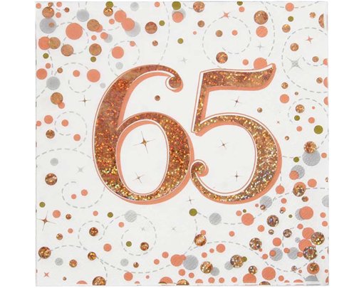 16PK 65TH BIRTHDAY SPARKLING FIZZ ROSE GOLD NAPKINS