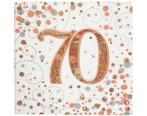16PK 70TH BIRTHDAY SPARKLING FIZZ ROSE GOLD NAPKINS