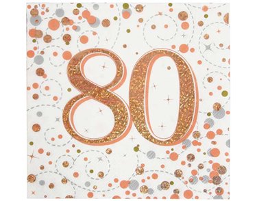 16PK 80TH BIRTHDAY SPARKLING FIZZ ROSE GOLD NAPKINS