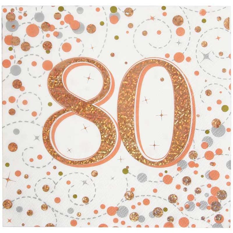 16PK 80TH BIRTHDAY SPARKLING FIZZ ROSE GOLD NAPKINS