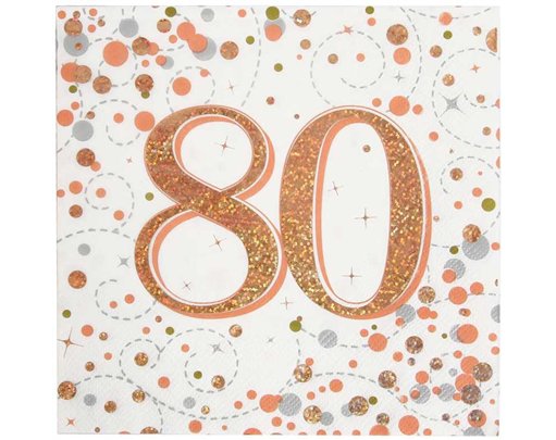 16PK 80TH BIRTHDAY SPARKLING FIZZ ROSE GOLD NAPKINS