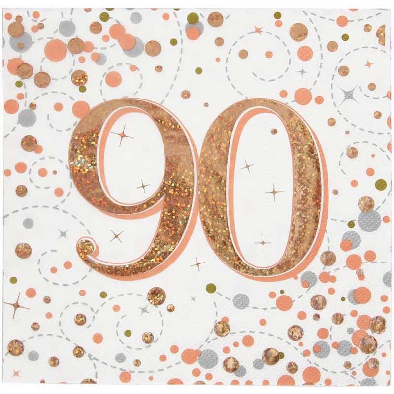 16PK 90TH BIRTHDAY SPARKLING FIZZ ROSE GOLD NAPKINS