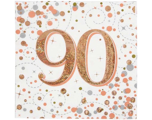 16PK 90TH BIRTHDAY SPARKLING FIZZ ROSE GOLD NAPKINS
