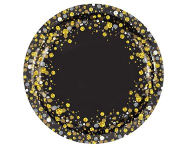 8PK 9in SPARKLING FIZZ BLACK & GOLD PLATES