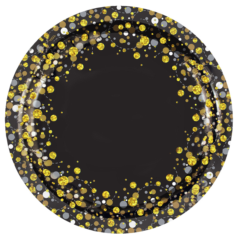 8PK 9in SPARKLING FIZZ BLACK & GOLD PLATES