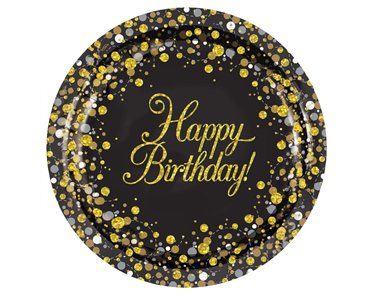 8PK 9in HAPPY BIRTHDAY SPARKLING FIZZ BLACK & GOLD PLATES