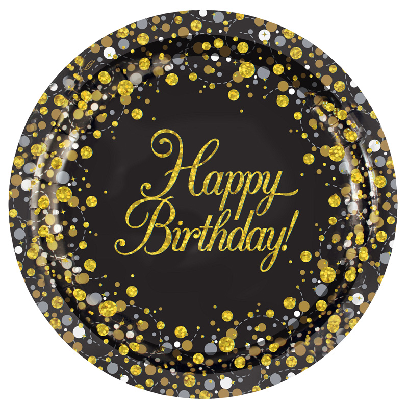 8PK 9in HAPPY BIRTHDAY SPARKLING FIZZ BLACK & GOLD PLATES