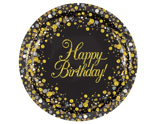8PK 9in HAPPY BIRTHDAY SPARKLING FIZZ BLACK & GOLD PLATES