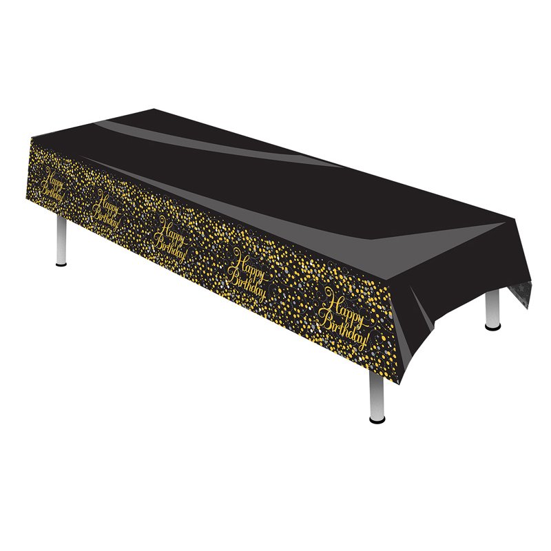 HAPPY BIRTHDAY SPARKLING FIZZ BLACK & GOLD TABLE COVER