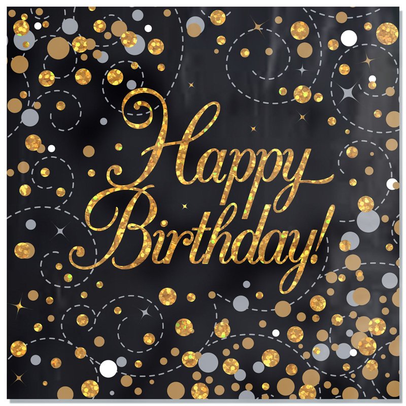 16PK HAPPY BIRTHDAY SPARKLING FIZZ BLACK & GOLD NAPKINS