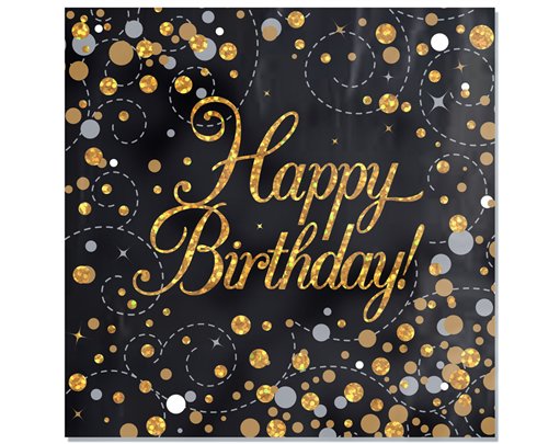 16PK HAPPY BIRTHDAY SPARKLING FIZZ BLACK & GOLD NAPKINS