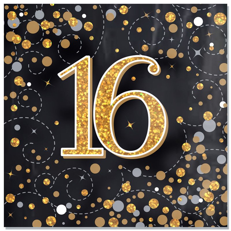 16PK SPARKLING FIZZ 16TH BLACK & GOLD NAPKINS