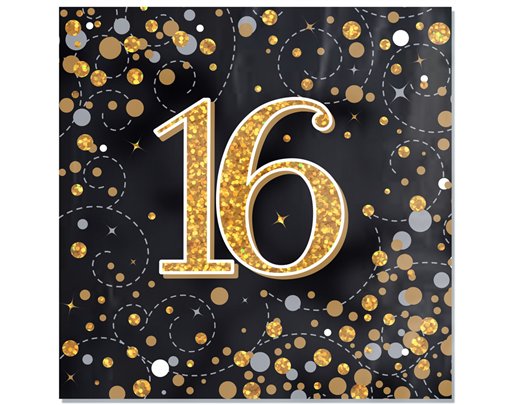 16PK SPARKLING FIZZ 16TH BLACK & GOLD NAPKINS