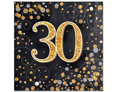 16PK SPARKLING FIZZ 30TH BLACK & GOLD NAPKINS