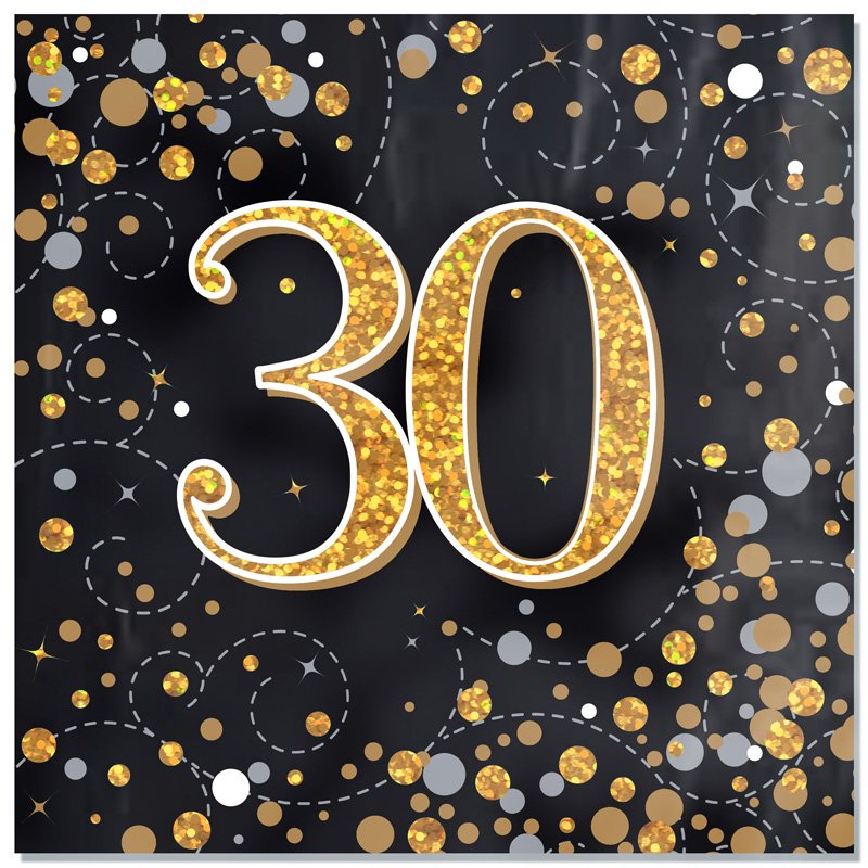 16PK SPARKLING FIZZ 30TH BLACK & GOLD NAPKINS