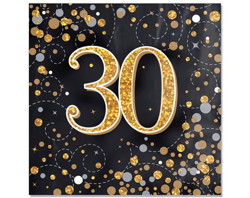 16PK SPARKLING FIZZ 30TH BLACK & GOLD NAPKINS