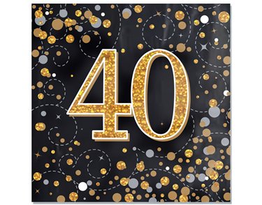 16PK SPARKLING FIZZ 40TH BLACK & GOLD NAPKINS