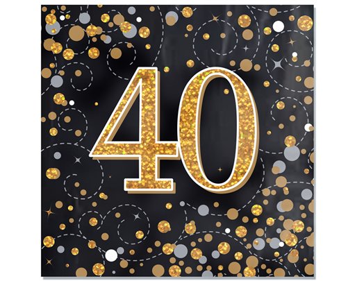 16PK SPARKLING FIZZ 40TH BLACK & GOLD NAPKINS