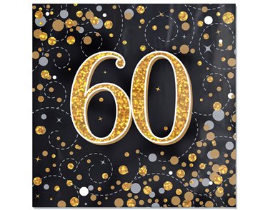 16PK SPARKLING FIZZ 60TH BLACK & GOLD NAPKINS