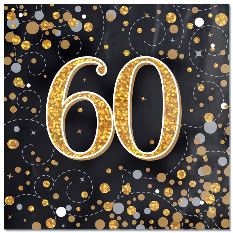 16PK SPARKLING FIZZ 60TH BLACK & GOLD NAPKINS