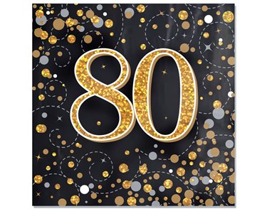 16PK SPARKLING FIZZ 80TH BLACK & GOLD NAPKINS