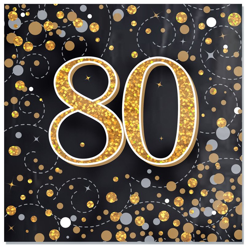 16PK SPARKLING FIZZ 80TH BLACK & GOLD NAPKINS