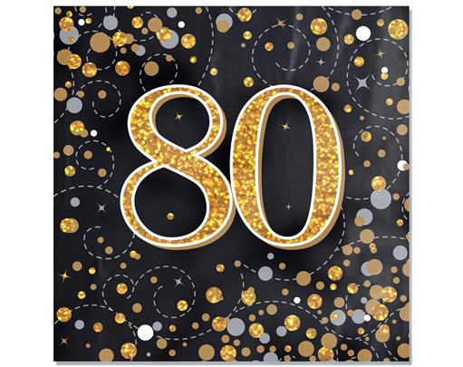 16PK SPARKLING FIZZ 80TH BLACK & GOLD NAPKINS