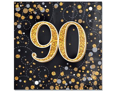 16PK SPARKLING FIZZ 90TH BLACK & GOLD NAPKINS