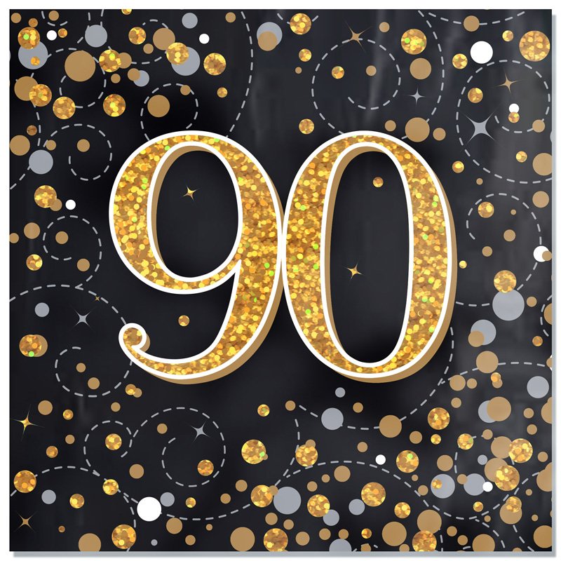 16PK SPARKLING FIZZ 90TH BLACK & GOLD NAPKINS