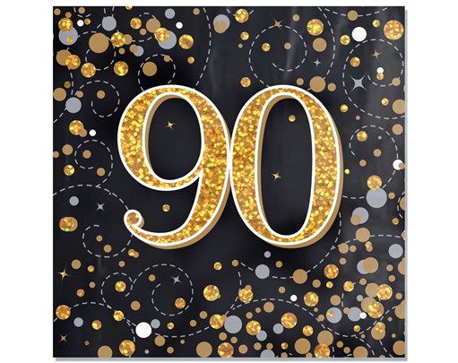16PK SPARKLING FIZZ 90TH BLACK & GOLD NAPKINS
