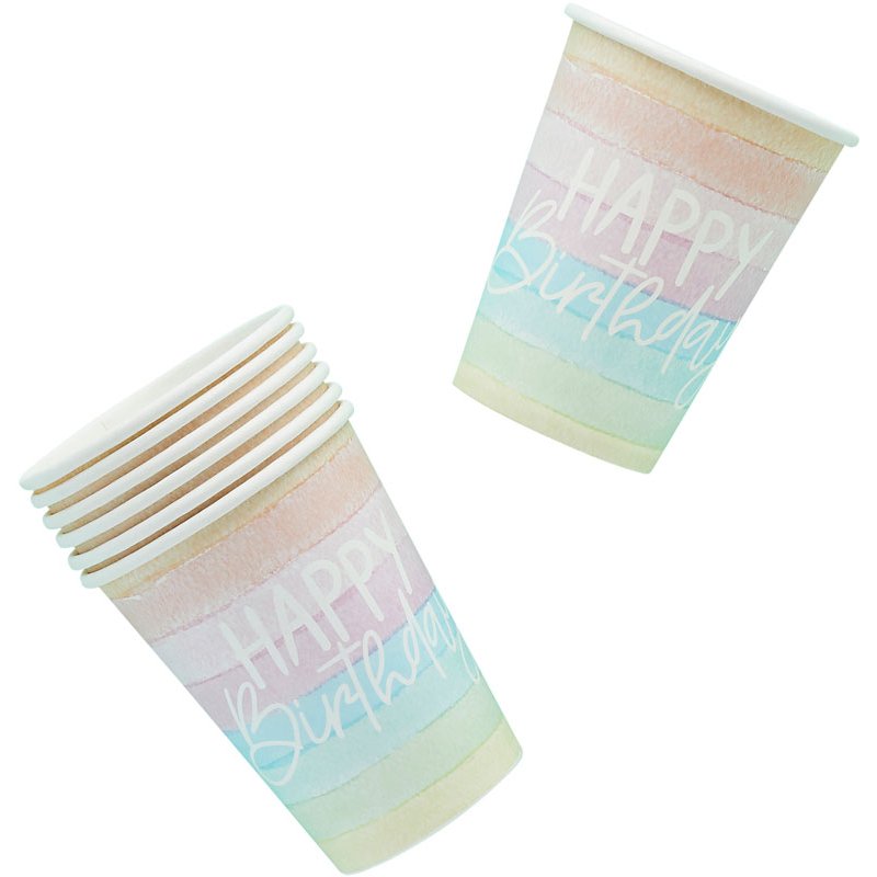 8PK ECO RAINBOW 'HAPPY BIRTHDAY' PAPER CUPS