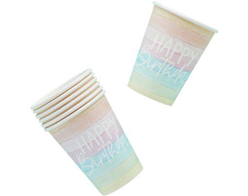8PK ECO RAINBOW 'HAPPY BIRTHDAY' PAPER CUPS