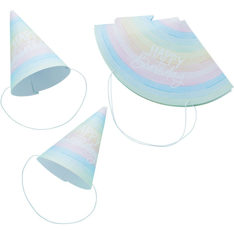 10PK ECO RAINBOW 'HAPPY BIRTHDAY' PAPER HATS