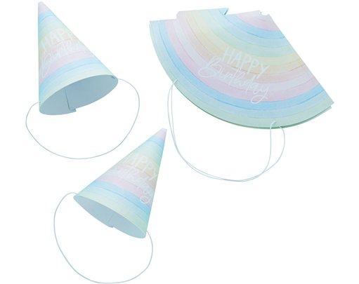 10PK ECO RAINBOW 'HAPPY BIRTHDAY' PAPER HATS