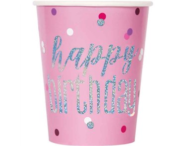 8PK 9oz BIRTHDAY GLITZ PINK CUPS