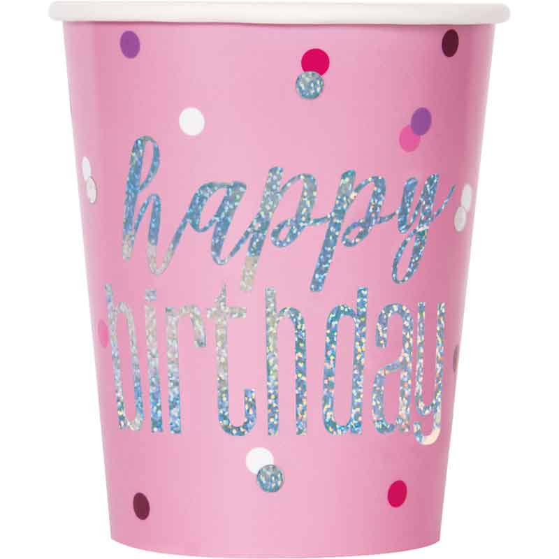 8PK 9oz BIRTHDAY GLITZ PINK CUPS