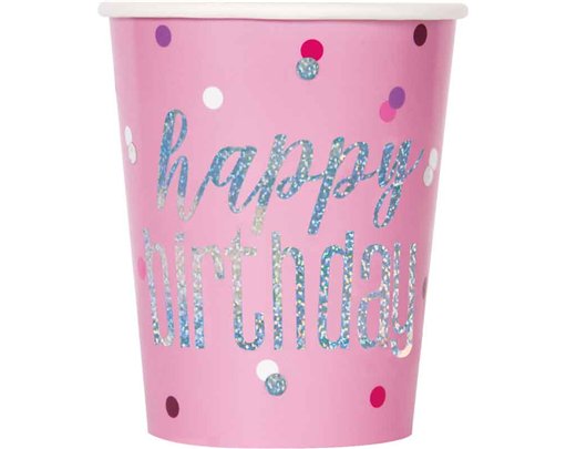 8PK 9oz BIRTHDAY GLITZ PINK CUPS
