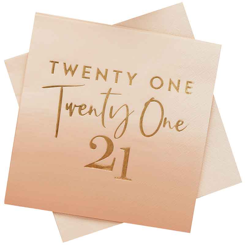 16PK GOLD FOILED 'TWENTY ONE' PAPER NAPKINS