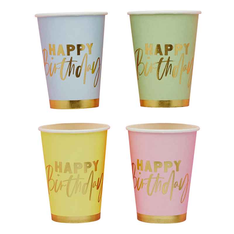 8PK PASTEL 'HAPPY BIRTHDAY' PAPER CUPS