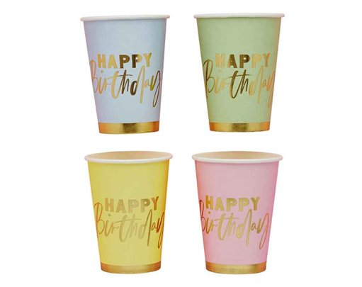 8PK PASTEL 'HAPPY BIRTHDAY' PAPER CUPS