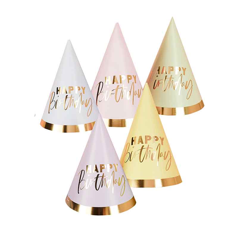 10PK PASTEL 'HAPPY BIRTHDAY' PAPER PARTY HATS