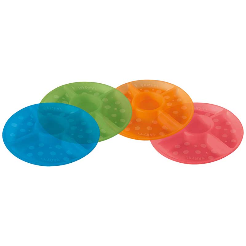 4ASST MULTICOLORWATER DOTS REUSABLE PLATTERS