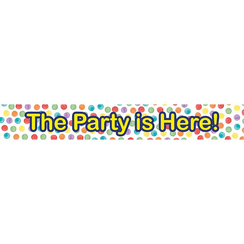 3PK MULTICOLORWATER DOTS "THE PARTY IS HERE" BANNER