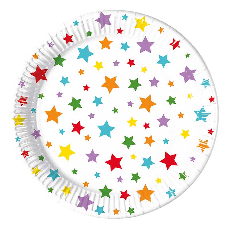 8PK 23cm MULTICOLOUR BRIGHT STARS PAPER PLATES