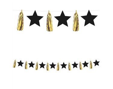 ELEGANT HAPPY BIRTHDAY BLACK STARS AND GOLD TASSELS PAPER GARLAND