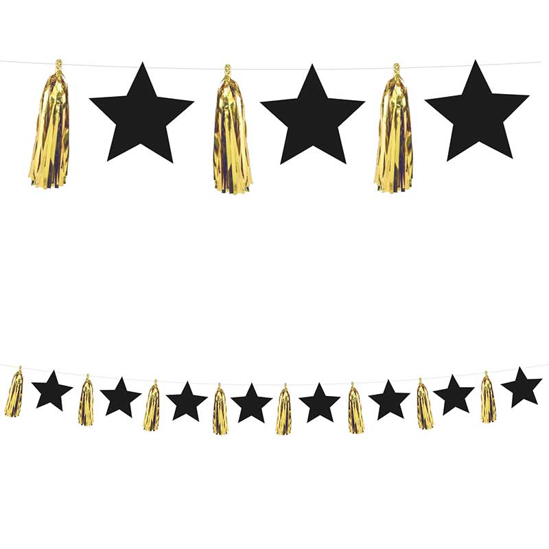 ELEGANT HAPPY BIRTHDAY BLACK STARS AND GOLD TASSELS PAPER GARLAND